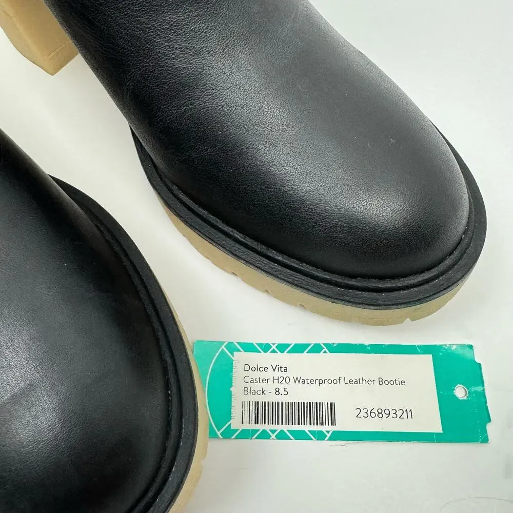 NEW Dolce Vita Caster H2O Waterproof Black Leather Lug Sole Ankle Boots Booties